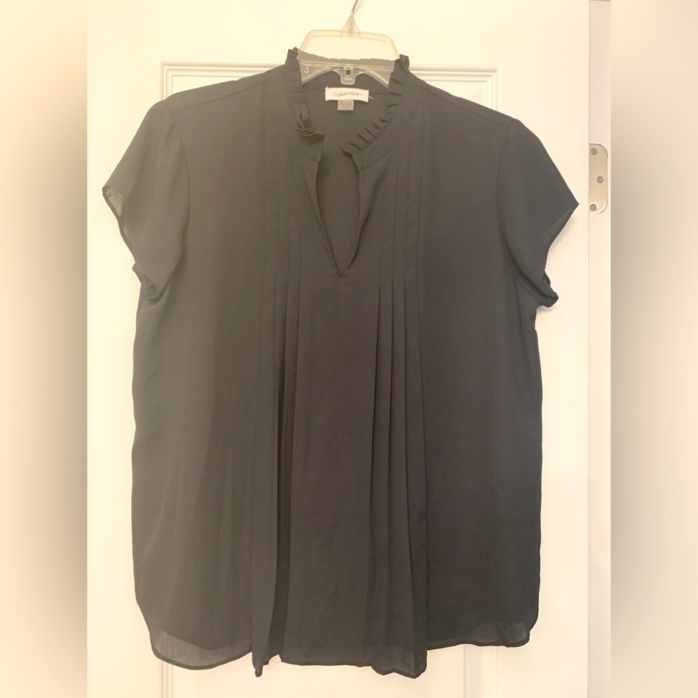Black Calvin Klein sheer ruffle blouse